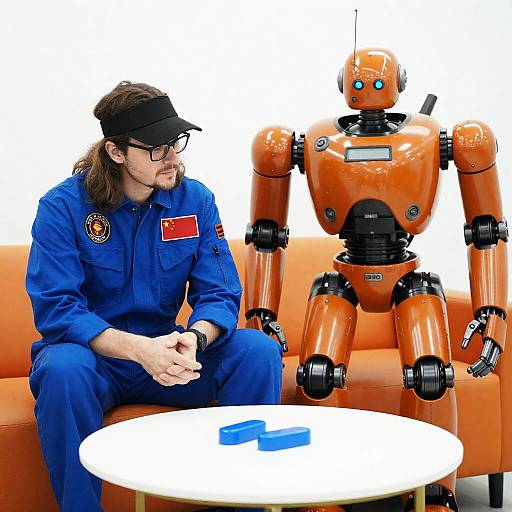 Man with Robot in Colorful Setting