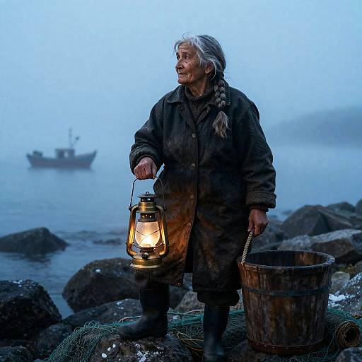 Elderly Fisherwoman at Dawn