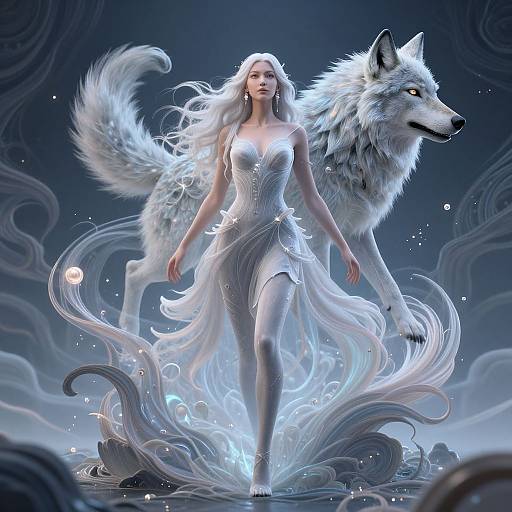 Digital art of a white-haired woman in a flowing, glowing white dress, standing confidently with a large, mystical white wolf beside her. Ethereal,