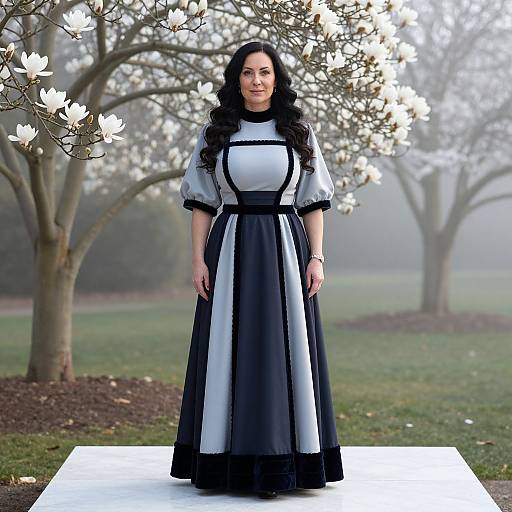Photograph of a smiling woman with long black hair, wearing a black and white Victorian-style dress, standing in a foggy orchard with blooming
