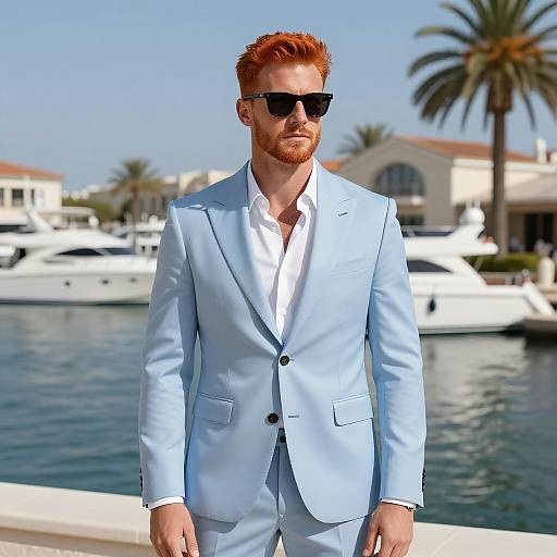 Stylish Man in Blue Suit by Waterfront