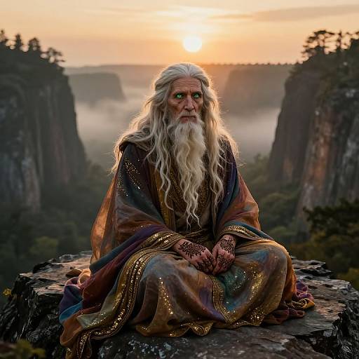 Photorealistic digital art of an ancient, wise-looking wizard with long white beard, green eyes, and flowing robes, sitting on a rocky cliff at