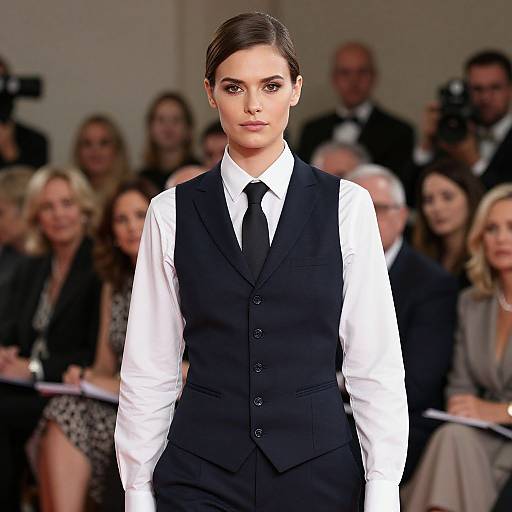 Photograph of a confident woman with dark brown hair in a neat bun, wearing a black vest over a white shirt and black tie, walking on a