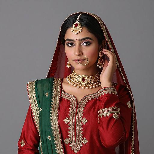 Indian Woman in Traditional Red and Green Salwar Kameez