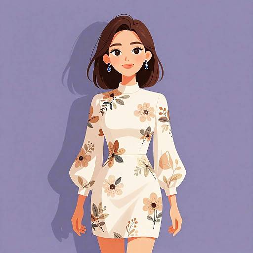 Digital illustration of a smiling woman with short brown hair, wearing a white floral dress, blue earrings, against a purple background.