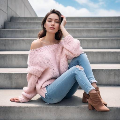 Young Woman Sitting on Concrete Steps in Pink Sweater