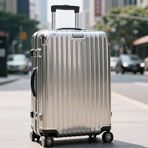 Photograph of a shiny, silver, vertical-ribbed, wheeled, hard-shell suitcase with a black handle, standing on a sunlit urban