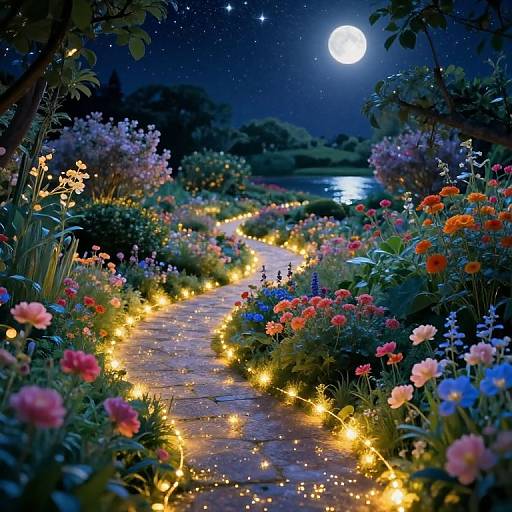 Magical night garden path illuminated by glowing fairy lights, surrounded by colorful flowers, under a bright full moon and starry sky. Digital art.