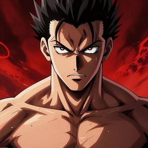 Digital anime-style portrait of a muscular, shirtless man with spiky black hair, intense red eyes, and a fierce expression against a red, sm