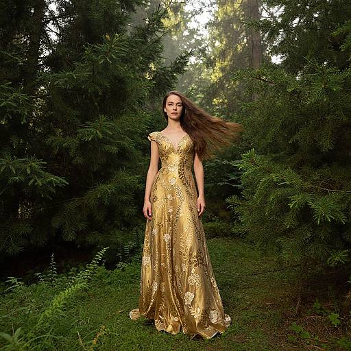 Woman in Gold Dress in Forest