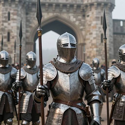 Photograph of medieval knights in shiny silver armor with pointed spears, standing in front of a stone castle archway.