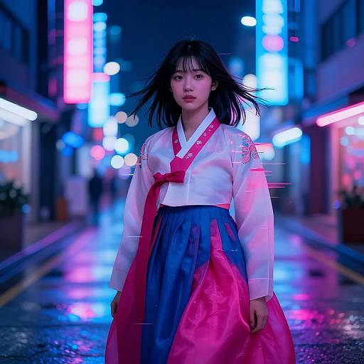 Photograph of an Asian woman with black hair, wearing a white Korean hanbok with red and blue accents, standing in a neon-lit,