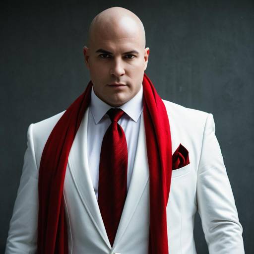 Bald man in white suit with red scarf