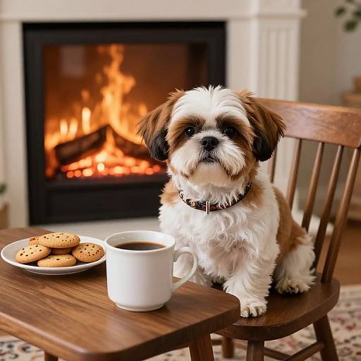 Photograph of a fluffy brown and white Shih Tzu puppy sitting on a wooden chair, next to a white mug and plate of cookies, in