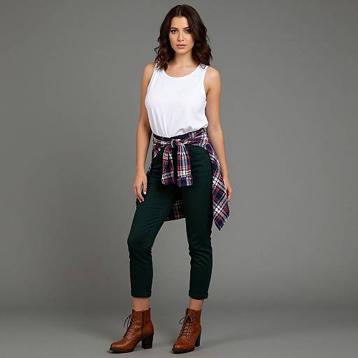 Photograph of a young woman with wavy dark hair, wearing a white sleeveless top, black pants, brown lace-up boots, and a pl