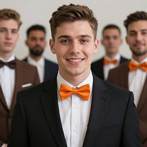 Photograph of a young man with short brown hair, smiling, wearing a black tuxedo with an orange bow tie, standing in front of four
