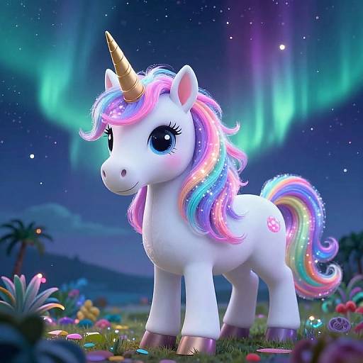 Digital illustration of a cute, white unicorn with a multicolored rainbow mane and tail, standing in a vibrant, starry night field with glowing aur