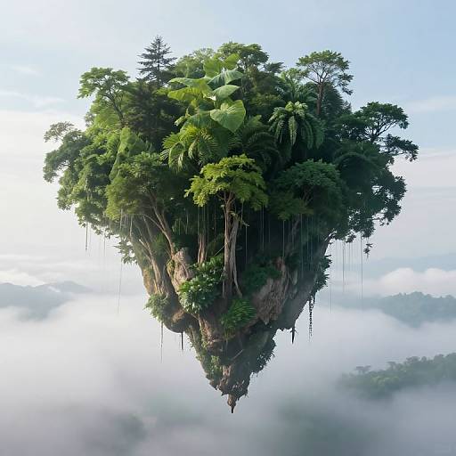 Photorealistic CGI of a lush, floating island with dense tropical foliage, hanging vines, and a rocky base, surrounded by misty clouds.