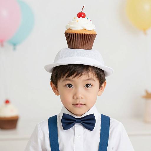 Photograph of an Asian boy with short black hair, wearing a white hat with a cupcake topped with cherry, white shirt, navy bow tie,