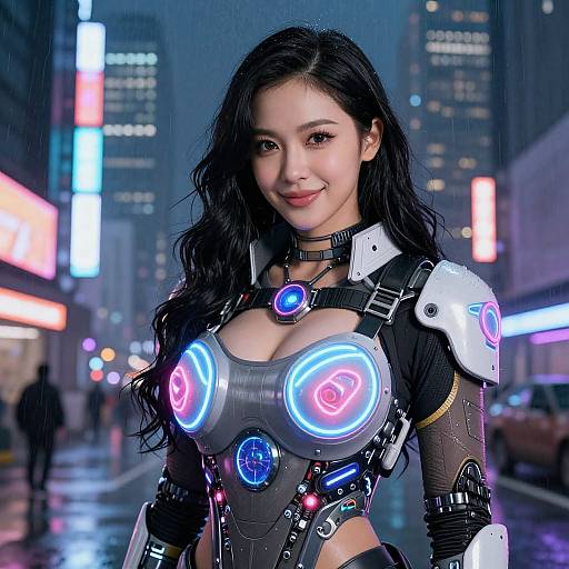 Cyberpunk woman with long black hair, glowing neon armor, large illuminated breasts, and futuristic cityscape background at night. Digital art.