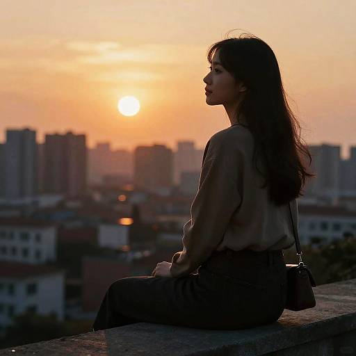 Photograph of a young woman with long dark hair, sitting on a rooftop, silhouetted against a vibrant orange sunset, with a cityscape