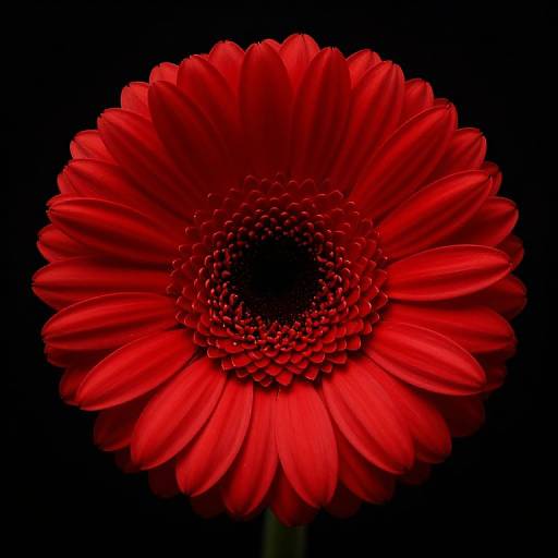 Close-up photograph of a vibrant red daisy with a black background, highlighting the flower's detailed petals and central disk.