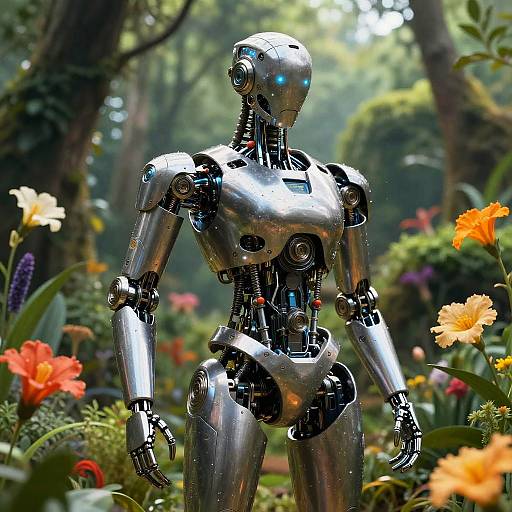 Photograph of a shiny, blue-eyed, humanoid robot standing in a vibrant, sunlit garden filled with colorful flowers and lush greenery.