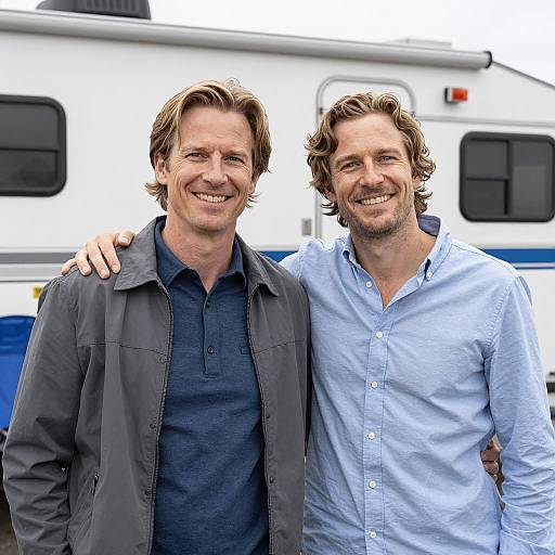 Two Smiling Men with Arms Around Shoulders Outdoors