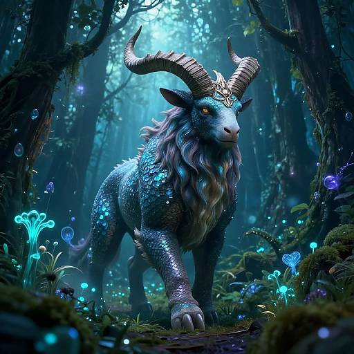 Digital artwork of a mystical blue-scaled, horned goat with glowing eyes and a golden crown, walking through a luminescent, enchanted forest with