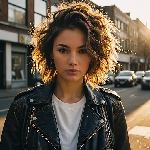 Fashion Model with Messy Hair in Leather Jacket