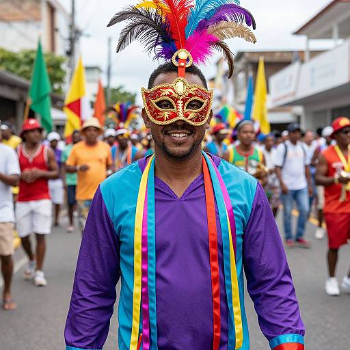 Photograph of a smiling Black man at a colorful street parade, wearing a vibrant purple shirt, rainbow suspenders, and a red masquerade mask