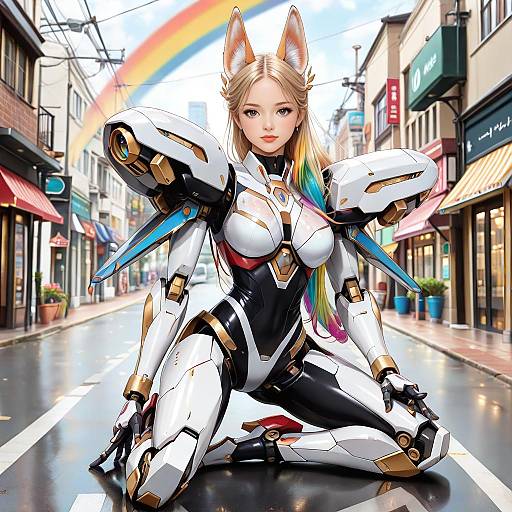 Digital art of a blonde anime girl with fox ears, wearing a white and black futuristic suit, kneeling on a wet street with a rainbow in the background