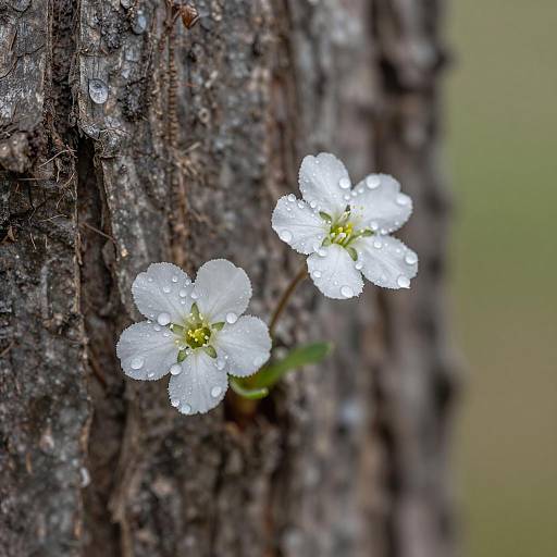 Delicate Wildflowers and Dew on Bark