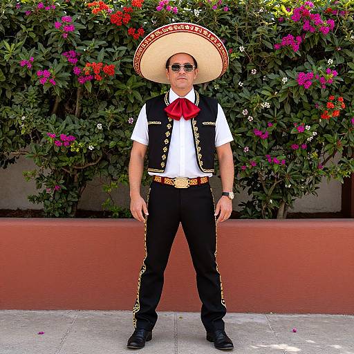 Photograph of a man in traditional Mexican attire, including a large sombrero, white shirt, black vest, red bowtie, black pants, and