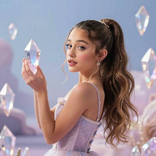 Photograph of a young woman with long wavy brown hair in a ponytail, wearing a sparkling lavender dress, holding a crystal, surrounded by floating