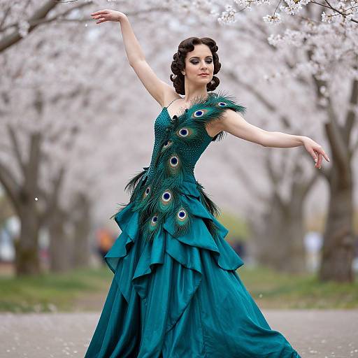 Elegant Peacock Dancer in Silk Garden