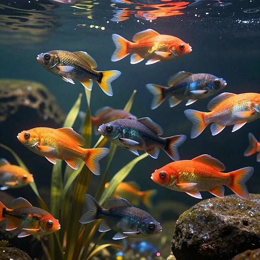 Photograph of vibrant orange and blue fish swimming around green plants and rocks in a brightly lit aquarium with dark blue water.