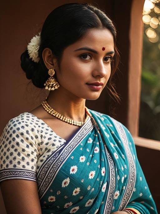 Indian Woman in Traditional Malmal Cotton Saree
