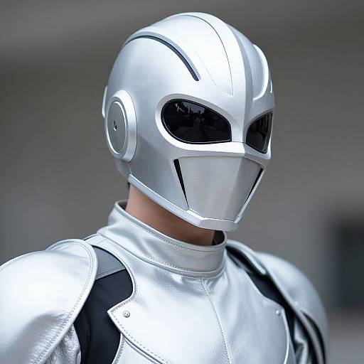 Photograph of a person wearing a shiny silver, futuristic helmet with black eye slits and a matching silver armored suit.