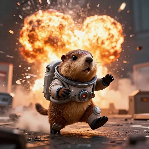 CGI image of a cute brown ferret wearing a small astronaut suit, running forward with an explosive fireball in the background.