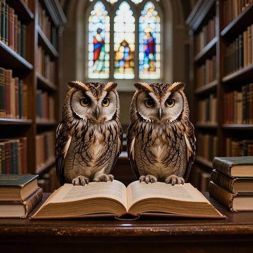 Photograph of two realistic owls with brown and white feathers sitting on an open book in a library, flanked by stacked books, with a colorful