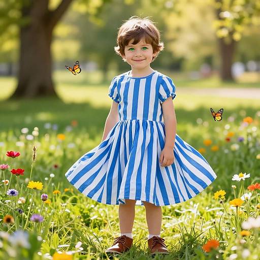 Photograph of a smiling young girl with short brown hair in a blue and white striped dress, standing in a sunlit meadow with colorful flowers and