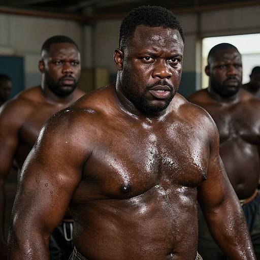 Photograph of three muscular, shirtless Black men with glistening, sweaty skin in a dimly lit room, focusing on the central man's intense