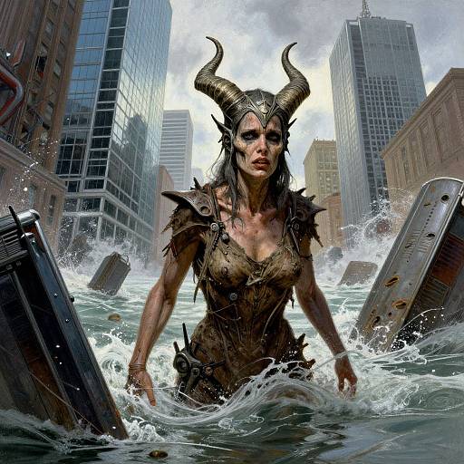 Digital artwork of a fierce, horned demon woman in tattered armor emerging from floodwaters in a ruined urban cityscape.