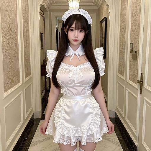 Photograph of an Asian woman with long black hair in a white, lace-trimmed maid outfit, standing in an elegant, ornate hallway.