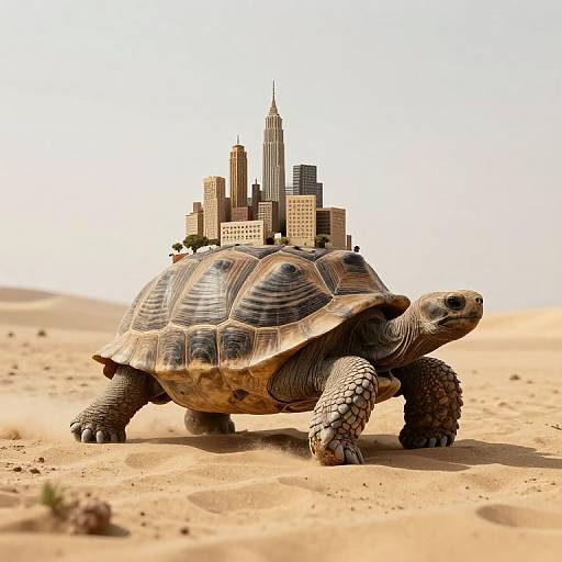Photograph of a giant tortoise in a desert, with a miniature city skyline, including skyscrapers and trees, on its shell.