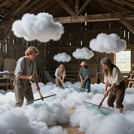 Photograph of four men in rustic clothing, working inside a wooden barn, using rake-like tools to harvest floating white clouds.
