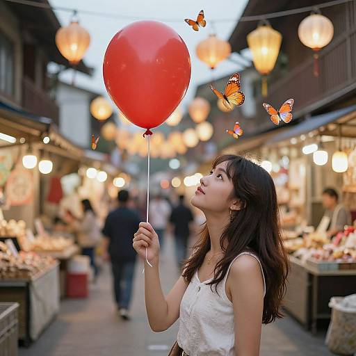 Photograph of a young Asian woman with long brown hair, wearing a white sleeveless top, holding a red balloon, surrounded by glowing lanterns and