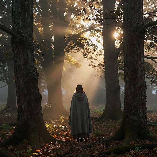 Misty Forest Dawn with Cloaked Figure