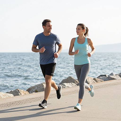 Photograph of a fit man and woman jogging side-by-side on a seaside path, wearing athletic wear, with ocean and rocks in background.